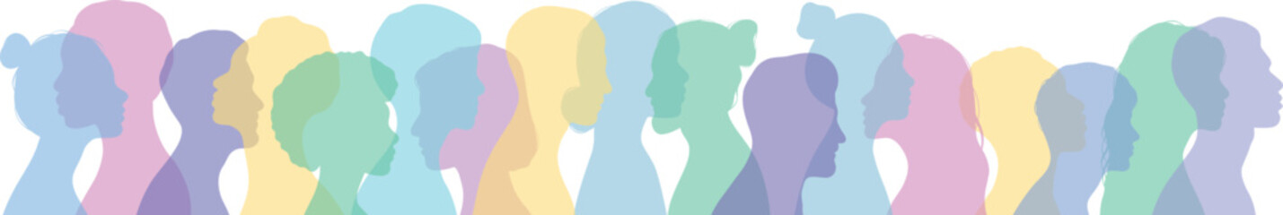 Colorful human head silhouettes, crowd illustration vector banner design - obrazy, fototapety, plakaty