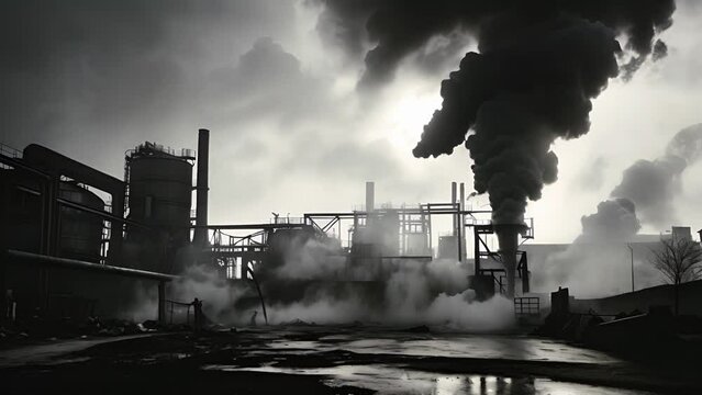 A sense of gritty realism is depicted in this black and white image of a factory belching out thick clouds of smoke, a constant reminder of human industry.
