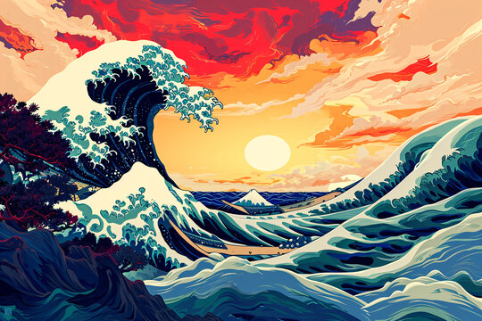 Japanese style waves and sea, vintage style ocean waves illustration