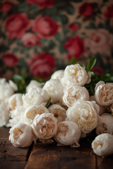 A large bouquet of peonies lies on a wooden table, against the background of blurred floral wallpaper with a place for texts