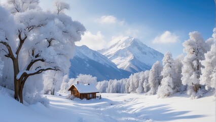 Beautiful winter landscape with a small village on the shore of the mountain river.