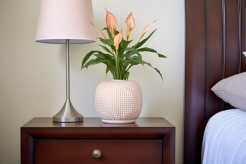 peace lily in a ceramic pot on a bedroom nightstand