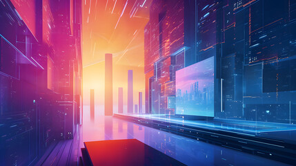 Digital Horizon City in Vibrant Colors Illuminate the Futuristic Business and Technology Concept in a Global, Dynamic World of Innovation. - obrazy, fototapety, plakaty