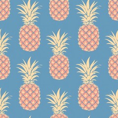 pineapple ornament on a blue background, in the style of richly detailed backgrounds, vintage graphic design, muted, pastel colors, seamless pattern for prints on fabric, printed products