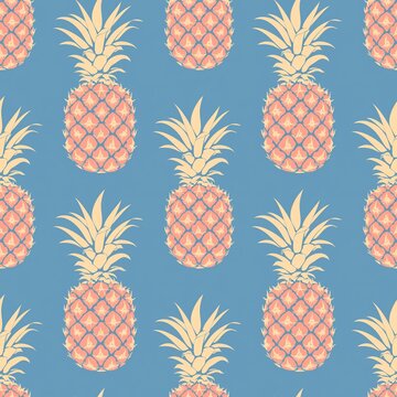 pineapple ornament on a blue background, in the style of richly detailed backgrounds, vintage graphic design, muted, pastel colors, seamless pattern for prints on fabric, printed products