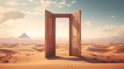 Opened door on desert. Unknown and start up concept. This is a 3d illustration