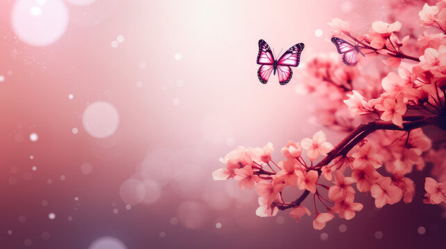 Abstract natural spring background with butterflies and light pink dark meadow flowers closeup.