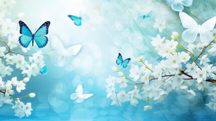 Fototapeta na wymiar Abstract natural spring background with butterflies and light blue dark meadow flowers closeup.