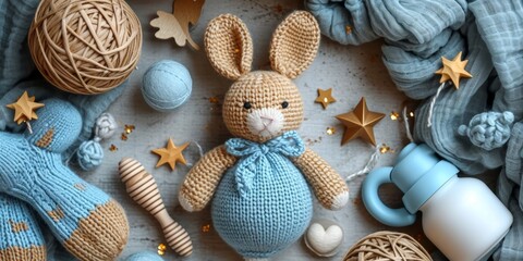 Banner withknitted bunny and gold stars on isolated pastel beige background with copy space, AI generated