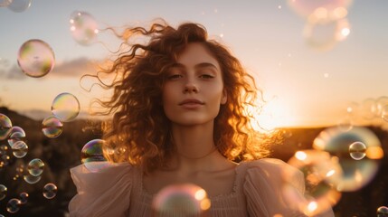 Portrait of a Beautiful young woman with long curly hair looking at the camera at sunset with soap bubbles. Mental healts, emotional balance, Nature connection, relaxation, life balance