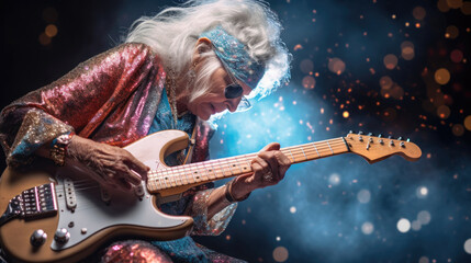old woman play rock on a guitar wearing glitter outfit