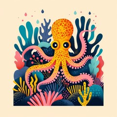 Kids illustration of octopus, colorful, AI generated