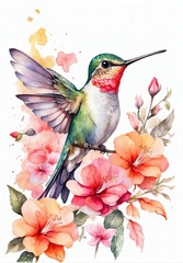 A illustration watercolor painting cute hummingbird and colorful flowers on white background