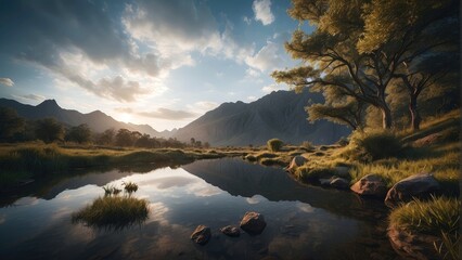 Mountain lake with reflection of mountains in the water. Panoramic view of a river in the rainforest at sunset. Nature Background