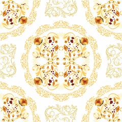 seamless pattern of golden floral elements on a white background.