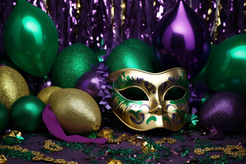 Mardi Gras mask, balloons and sparkles