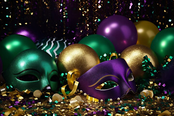 Mardi Gras balloons and sparkles