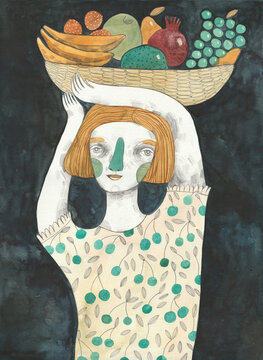 A girl holding a bowl of fruit above her head