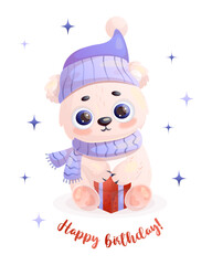 Happy polar bear cub with gift. Happy birthday. Cartoon animal character. Vector illustration. Kids collection. Polar Bear Day.