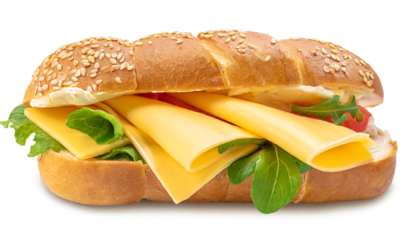 Sandwich with cheese and greens on a white background.