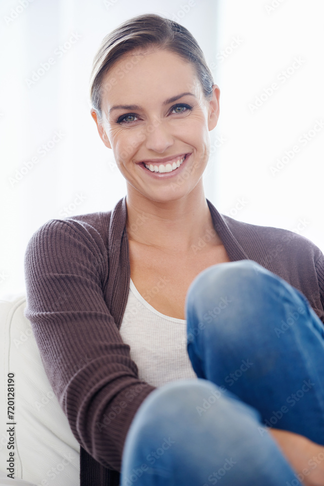 Sticker Woman, relax and portrait in living room sofa for positive, satisfaction and break. Happiness, calm and weekend with female person, home and joy, carefree and comfortable alone on couch for rest