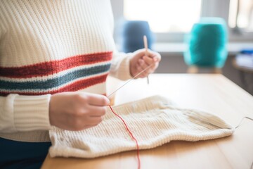 Obraz na płótnie Canvas knitting a microphonepatterned sweater with wool yarn