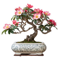 retro vantage desert rose flowers small tree in bonsai style ceramic Japanese vase pot, furniture cosy houseplant cutouts isolated on white background