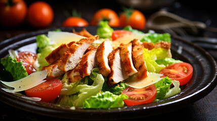 Caesar salad with chicken breast and tomatoes.
