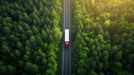 Aerial View of Red Truck on Highway Through Green Forest. Generative ai