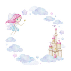 Cute little fairy with magic wand, stars, castle for a princess, clouds. Children's background. Watercolor round frame. Isolated. Design for kid's goods, postcards, baby shower and children's room