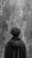 Naklejka premium A young man wearing a black jacket stands in front of a gray concrete wall.