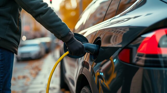 Person Plugging in Electric Car for Charging. Generative ai