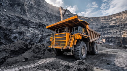 Huge excavator loads coal into the back of a heavy mining dump truck, open pit coal mining