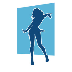 Fototapeta na wymiar Silhouette of a female dancer wearing mini skirt in action pose. Silhouette of a slim woman dancing happily.