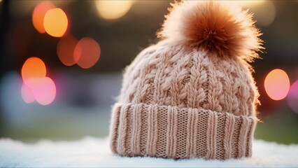 Closeup of a chunky knit beanie adorned with faux fur pom poms. - Powered by Adobe