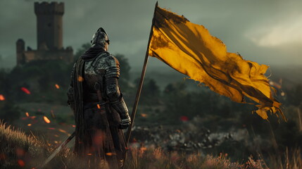 Knight with flag in armor on battlefield. Sparks on castle background. Middle Ages, Victory in battle on battlefield - obrazy, fototapety, plakaty