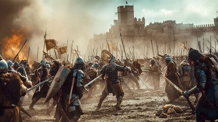 Medieval battle of knights warriors for castle. Fierce battle on battlefield, knights with swords are fighting the enemy. Decisive battle - obrazy, fototapety, plakaty