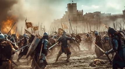 Foto op Plexiglas Medieval battle of knights warriors for castle. Fierce battle on battlefield, knights with swords are fighting the enemy. Decisive battle © Mars0hod