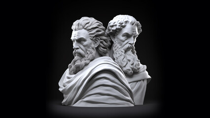 create ancient white statue that looks like a combination of socrates and plato 