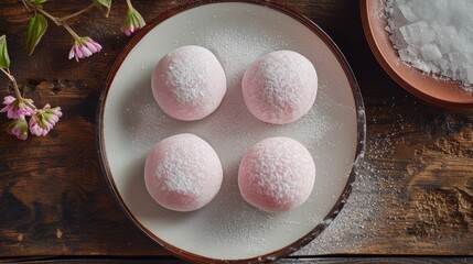 Generative AI, photo of mochi on the table background. Traditional Japanese dessert, top view, flat lay	