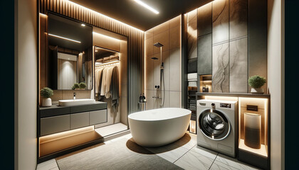 interior of a stylish bathroom in a modern apartment. The bathroom features a ceramic bathtub and a washbasin