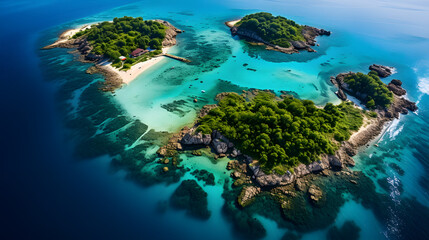 A series of islands surrounded by crystal-clear waters, forming a breathtaking mosaic that highlights the beauty of untouched natural landscapes when seen from above.