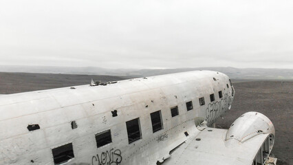 Aerial view of United States Navy DC plane wreck on the black beach at Solheimasandur