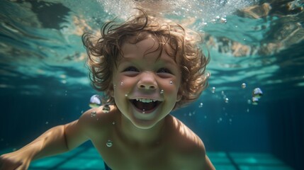 A joyful smiling 5 year old boy is swimming underwater in the sea or pool. Healthy lifestyle, Tempering, Vacations and travel, Children's Sports, Infant swimming concepts.