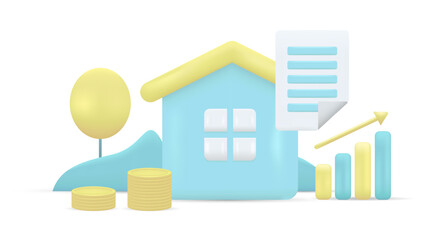 Real Estate 3d Illustration of House with for Sale, Rent or Buying. Trendy and Modern Vector Realistic Illustration. Cartoon Minimal Style.