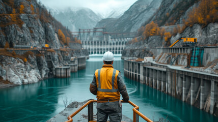 A dam engineering doing his checking routine. He is wearing a white hard hat and yellow transparent vest. He is standing by the rail by the dam. generative ai.