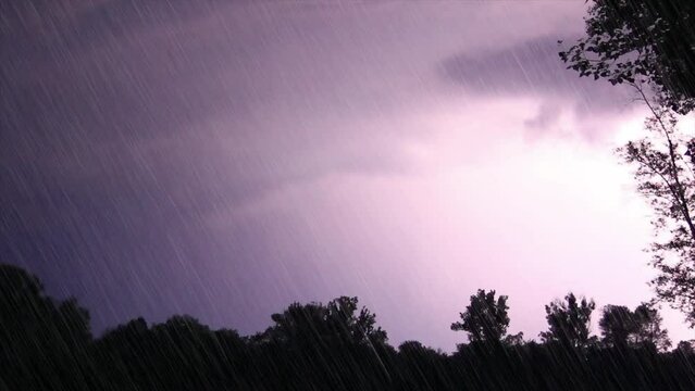 Night storm and great zippers. Heavy rain landscape near river, 4k