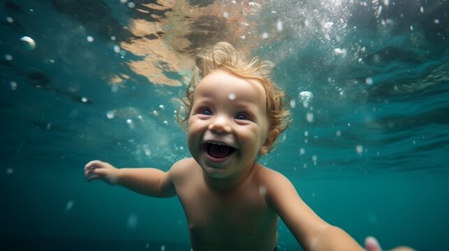 A joyful newborn baby is swimming underwater in the sea or pool. Healthy lifestyle, Tempering, Children's Sports, Infant swimming concepts.