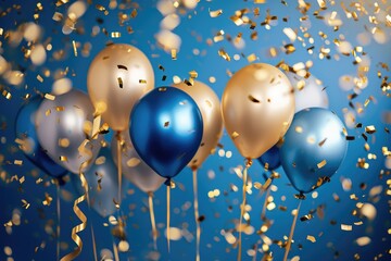 Holiday background with golden and blue metallic balloons, confetti and ribbons