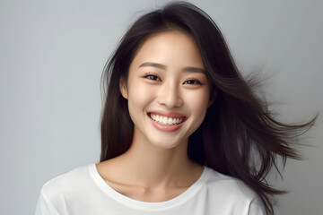 Obraz premium A smiling Asian woman beautifully rendered in sepia tones on an empty background, with a vintage-inspired aesthetic enhanced by sharp, defined lines Generative AI.